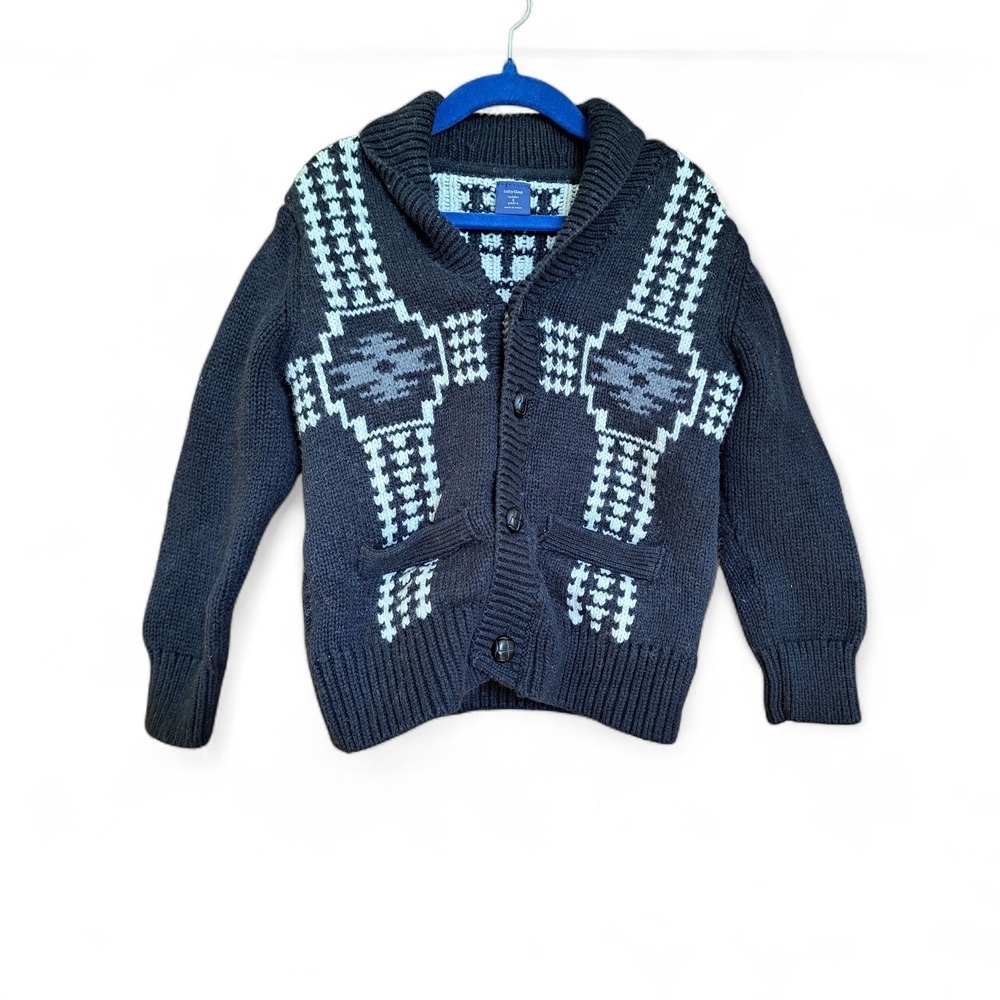 3/25$ babyGap Toddler 5Y Shawl Collar Cardigan Sweater Black Gray Aztec Knit